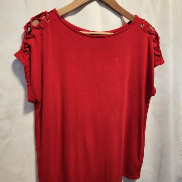 Jones New York Short Sleeve Blouse Women's M Red Lace-Up Shoulder Casual Office - Picture 2 of 8